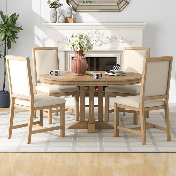 5-Piece Dining Set Extendable Round Table and 4 Upholstered Chairs