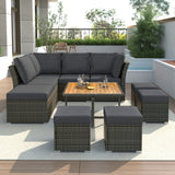 10 Piece Outdoor Conversation Set, CoffeeTable with Ottomans, Solid wood coffee table