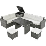 6-Piece All Weather PE Rattan Sofa Set, Garden Patio Wicker Sectional Furniture Set with Adjustable Seat, Storage Box, Removable Covers and Tempered Glass Top Table, Beige