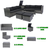 8 Piece Patio Sectional Wicker Rattan Outdoor Furniture Sofa Set with One Storage Box Under Seat and Cushion Box Grey wicker + Black Cushion + Clear Glass Top