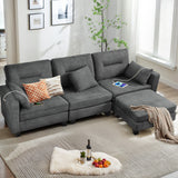 Modular Grey Couch with USB Ports, Ottoman, Lumbar Pillows