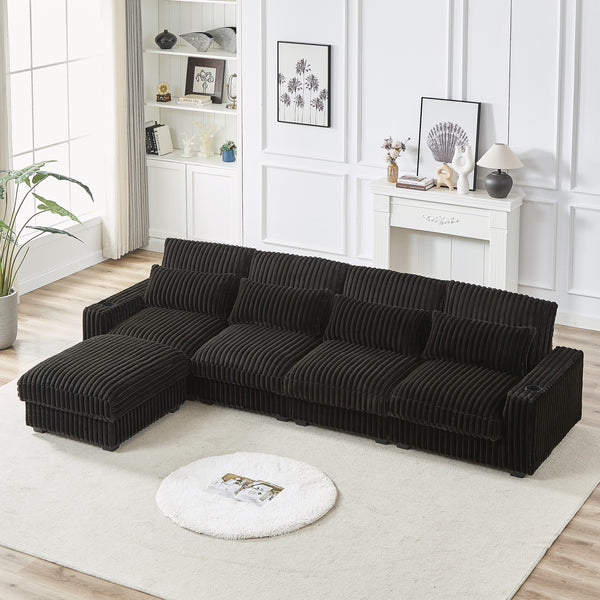 Corduroy with Cup Holder Super Large L-Shaped Sofa, Movable Footrest, Four Waist Pillows And Four Back Cushion, With USB Port