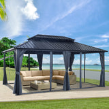 12x18ft Hardtop Gazebo with Nettings and Curtains, Heavy Duty Double Roof Galvanized Steel Outdoor Combined of Vertical Stripes Roof for Patio, Backyard