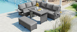 5-Piece Outdoor Patio Rattan Sofa Set, Sectional PE Wicker L-Shaped Garden Furniture Set with 2 Extendable Side Tables, Dining Table and Washable Covers for Backyard, Poolside, Indoor, Gray