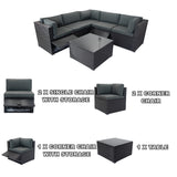 6 Pieces PE Rattan sectional Outdoor Furniture Cushioned  Sofa Set with 3 Storage Under Seat Black Wicker + Dark Grey Cushion