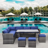 Outdoor Patio Furniture Set,7 Pieces Outdoor Sectional Conversation Sofa with Dining Table,Corner Chairs, Ottomans,All Weather PE Rattan and Steel Frame,With Backrest and Removable Cushions(Grey+Blue)