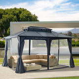 10'x13' Hardtop Gazebo, Outdoor Polycarbonate Double Roof Canopy, Aluminum Frame Permanent Pavilion with Curtains and Netting, Sunshade for Garden, Patio, Lawns