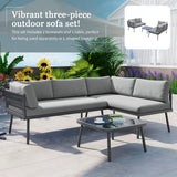 3-Piece PE Rattan Sofa Set All Weather Patio Metal Sectional Furniture Set with Cushions and Glass Table for Backyard, Poolside, Garden, Gray,L-Shaped