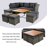 10 Piece Outdoor Conversation Set, CoffeeTable with Ottomans, Solid wood coffee table