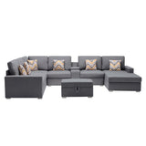 Gray 8Pc Reversible Sectional Sofa Couch with Interchangeable Legs, Pillows, Storage Ottoman, and a USB, Charging Ports, Cupholders, Storage Console Table