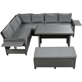 5-Piece Outdoor Patio Rattan Sofa Set, Sectional PE Wicker L-Shaped Garden Furniture Set with 2 Extendable Side Tables, Dining Table and Washable Covers for Backyard, Poolside, Indoor, Gray