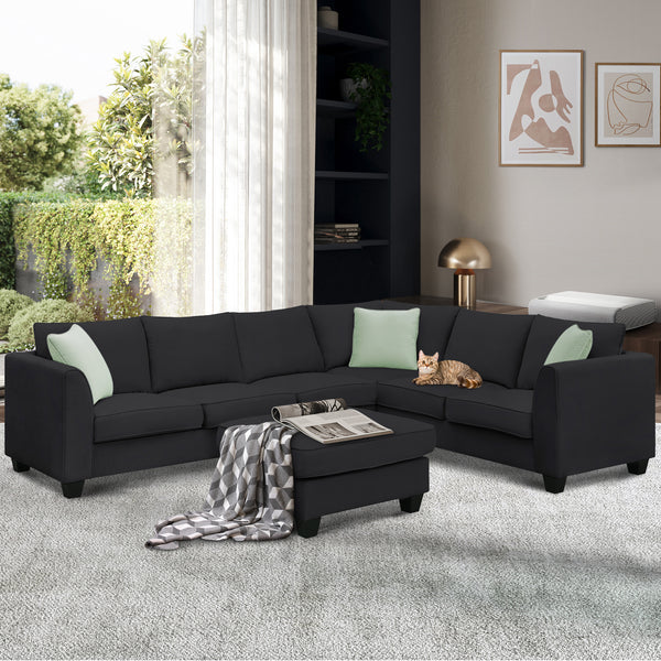 Sectional Sofa Couches Living Room Sets, 7 Seats Modular Sectional Sofa with Ottoman, L Shape Fabric Sofa Corner Couch Set with 3 Pillows