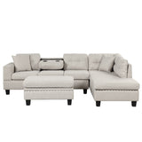 Sectional Sofa with Storage Ottoman, L-Shape Couch with 2 Pillows and Cup Holder,Sectional Sofa with Reversible Chaise for Living Room,Light Gray