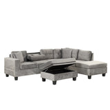 Sectional Sofa with Storage Ottoman, L-Shape Couch with 2 Pillows and Cup Holder,