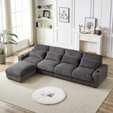 Corduroy Sofa with Cup Holder Super Large L-Shaped Sofa, Movable Footrest, Four Waist Pillows And Four Back Cushion, With USB Port And Type-C Port