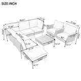 9-Piece Patio Rattan Furniture Set, Outdoor Conversation Set With Acacia Wood Legs and Tabletop, PE Rattan Sectional Sofa Set with Coffee Table, Washable Cushion, Gray