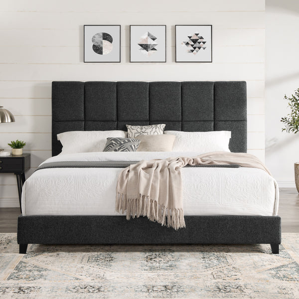 King Size Grey Squares Upholstered Platform Bed