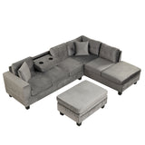 Sectional Sofa with Storage Ottoman, L-Shape Couch with 2 Pillows and Cup Holder,