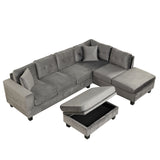 Sectional Sofa with Storage Ottoman, L-Shape Couch with 2 Pillows and Cup Holder,