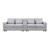 Upholstered Sofa with Console, 2 Cupholders and 2 USB Ports Wired or Wirelessly Charged, Modern Linen Fabric Couches with 4 Pillows