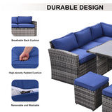 Outdoor Patio Furniture Set,7 Pieces Outdoor Sectional Conversation Sofa with Dining Table,Chairs and Ottomans,All Weather PE Rattan and Steel Frame,With Backrest and Removable Cushions(Grey+Blue)