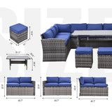 Outdoor Patio Furniture Set,7 Pieces Outdoor Sectional Conversation Sofa with Dining Table,Corner Chairs, Ottomans,All Weather PE Rattan and Steel Frame,With Backrest and Removable Cushions(Grey+Blue)