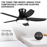 46 Inch Black Flush Mount Ceiling Fan with Light and Remote Control, Low Profile Ceiling Fan with 5 blades, 3 Light Color, 6 Speeds for Living Room, Bedroom, Children room, Matte Black