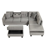 Sectional Sofa with Storage Ottoman, L-Shape Couch with 2 Pillows and Cup Holder,