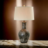 Aine 29 Inch Hydrocal Table Lamp, Drum Shade, Urn Shaped Base, Slate Gray