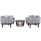 Luxury Modern 4-Piece Outdoor Iron Frame Conversation Set, Patio Chat Set with Acacia Wood Round Coffee Table for Backyard, Deck, Poolside, Indoor Use, Loveseat+Arm Chairs, Gray