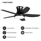 46 Inch Black Flush Mount Ceiling Fan with Light and Remote Control, Low Profile Ceiling Fan with 5 blades, 3 Light Color, 6 Speeds for Living Room, Bedroom, Children room, Matte Black