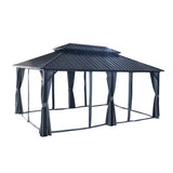 12x18ft Hardtop Gazebo with Nettings and Curtains, Heavy Duty Double Roof Galvanized Steel Outdoor Combined of Vertical Stripes Roof for Patio, Backyard