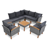 9-Piece Patio Rattan Furniture Set, Outdoor Conversation Set With Acacia Wood Legs and Tabletop, PE Rattan Sectional Sofa Set with Coffee Table, Washable Cushion, Gray