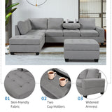 Sectional Sofa with Reversible Chaise, L Shaped  Couch Set with Storage Ottoman and Two Cup Holders for Living Room