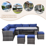 Outdoor Patio Furniture Set,7 Pieces Outdoor Sectional Conversation Sofa with Dining Table,Chairs and Ottomans,All Weather PE Rattan and Steel Frame,With Backrest and Removable Cushions(Grey+Blue)