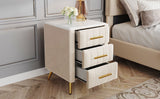 Beige Upholstered Wooden Nightstand with 3 Drawers