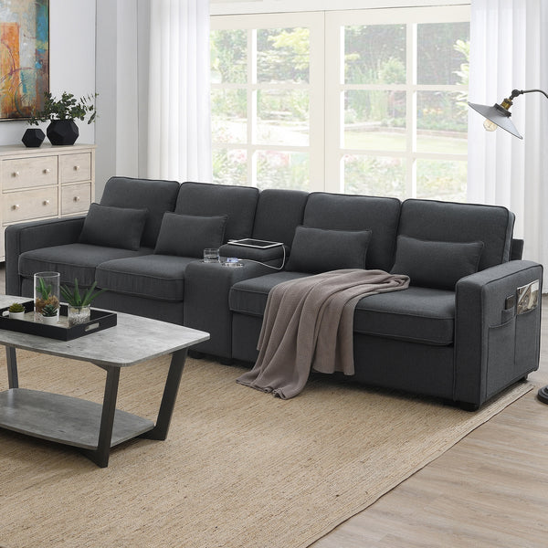 Upholstered Sofa with Console, 2 Cupholders and 2 USB Ports