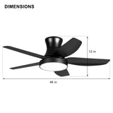 46 Inch Black Flush Mount Ceiling Fan with Light and Remote Control, Low Profile Ceiling Fan with 5 blades, 3 Light Color, 6 Speeds for Living Room, Bedroom, Children room, Matte Black