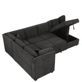 Sectional Sofa Pull out Sofa Bed with Two USB Ports, Two Power Sockets, Three Back Pillows and a Storage Chaise for Living Room, Black