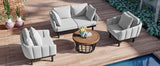 Luxury Modern 4-Piece Outdoor Iron Frame Conversation Set, Patio Chat Set with Acacia Wood Round Coffee Table for Backyard, Deck, Poolside, Indoor Use, Loveseat+Arm Chairs, Gray