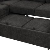 Sectional Sofa Pull out Sofa Bed with Two USB Ports, Two Power Sockets, Three Back Pillows and a Storage Chaise for Living Room, Black