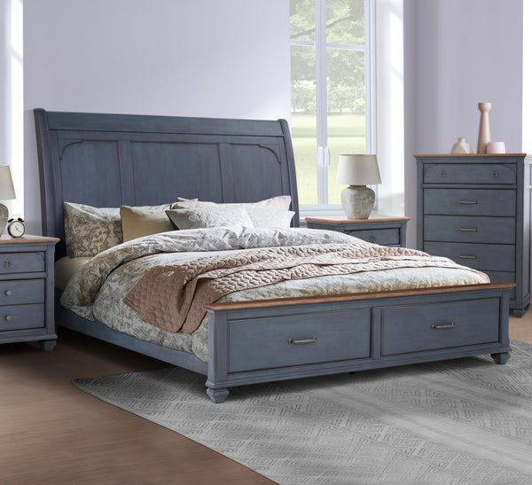 Queen Size Sleigh Bed, Corduroy Blue Finish