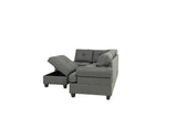 3-pcs Sectional Sofa Blue Grey Polyfiber Cushion Sofa Chaise Ottoman Reversible Couch Pillows