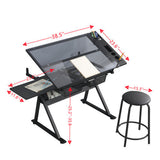 Black adjustable tempered glass drafting printing table with chair