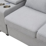 Upholstered Sofa with Console, 2 Cupholders and 2 USB Ports Wired or Wirelessly Charged, Modern Linen Fabric Couches with 4 Pillows