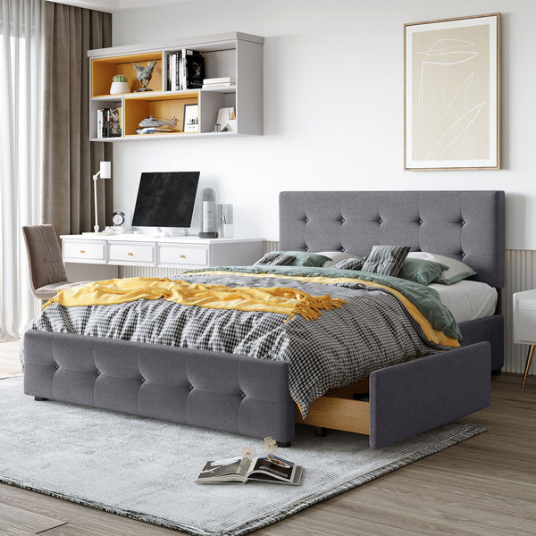 Queen Upholstered Platform Bed with Classic Headboard and 4 Drawers