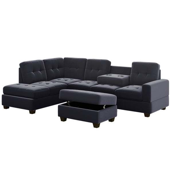 Sectional Sofa with Reversible Chaise, L Shaped Couch Set with Storage Ottoman and Two Cup Holders for Living Room