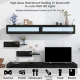 Wall Mount Floating TV Stand with Four Media Storage Cabinets and Two Shelves, Modern High Gloss Entertainment Center for 95+ Inch TV, 16-color RGB LED Lights