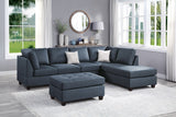 Contemporary 3pc Reversible Sectional Sofa Set W/ Ottoman Dark Blue Dorris Fabric Cushion Sofa Chaise Ottoman Couch Pillows