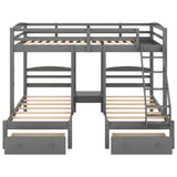 Grey Full over Twin & Twin Bunk Bed,Triple Bunk Bed with Drawers